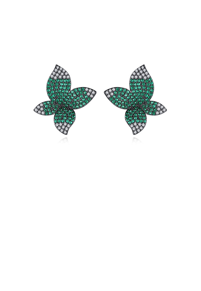Fashion Bright Plated Black Flower Green Cubic Zirconia Stud Earrings - Luxurious Look