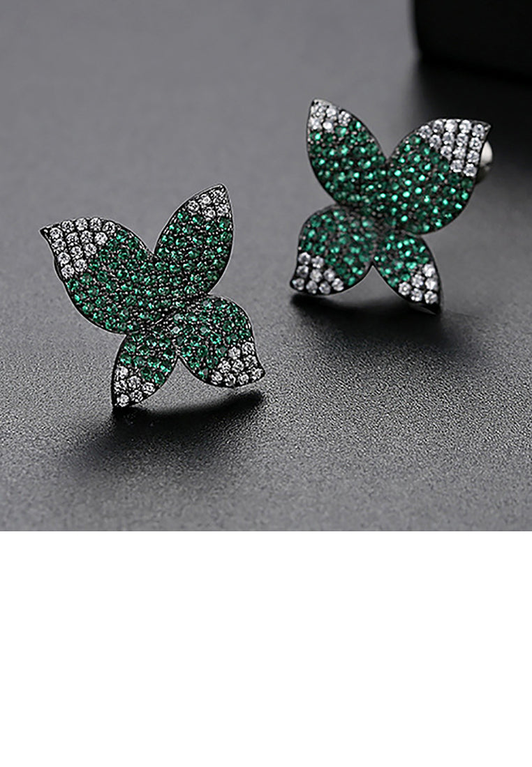 Fashion Bright Plated Black Flower Green Cubic Zirconia Stud Earrings - Luxurious Look