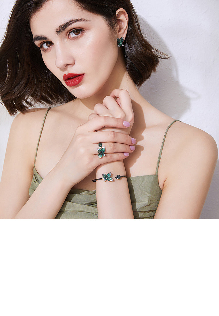 Fashion Bright Plated Black Flower Green Cubic Zirconia Stud Earrings - Luxurious Look