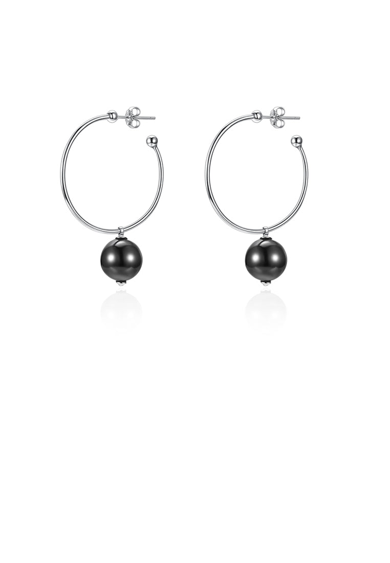 925 Sterling Silver Elegant Fashion Circle Earrings with Black Pearl - Luxurious Look