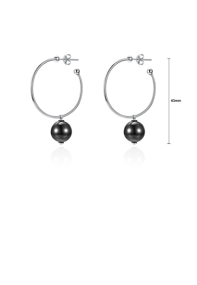 925 Sterling Silver Elegant Fashion Circle Earrings with Black Pearl - Luxurious Look