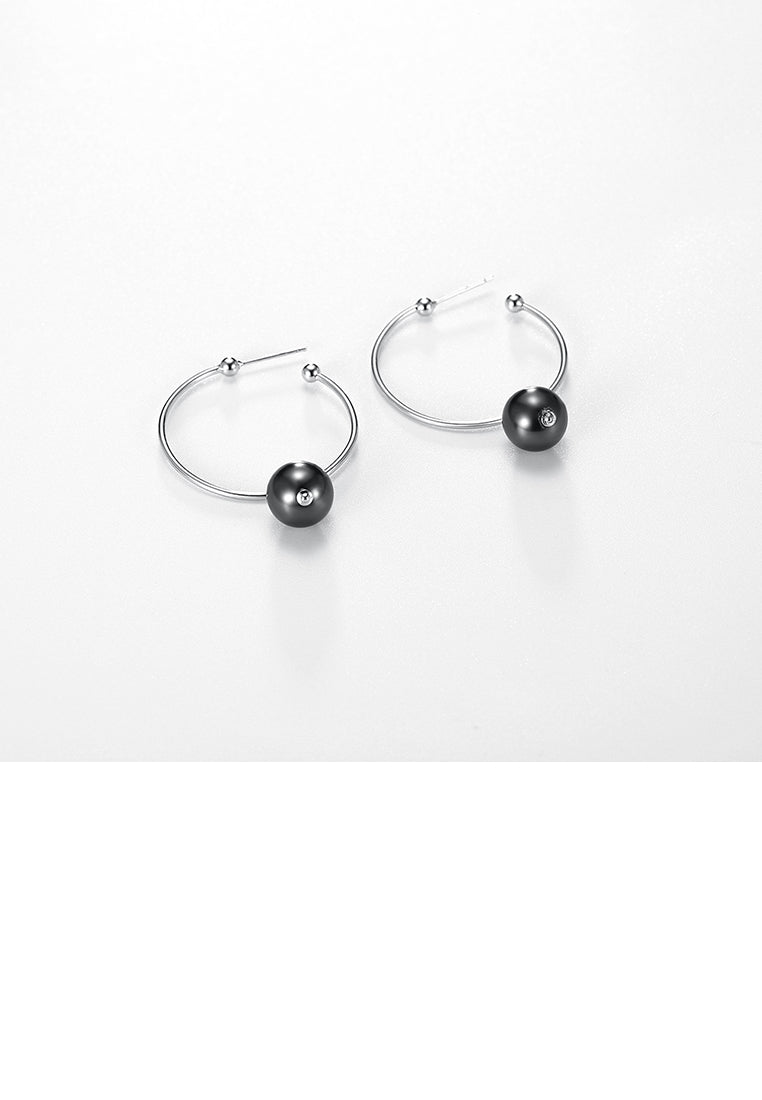 925 Sterling Silver Elegant Fashion Circle Earrings with Black Pearl - Luxurious Look