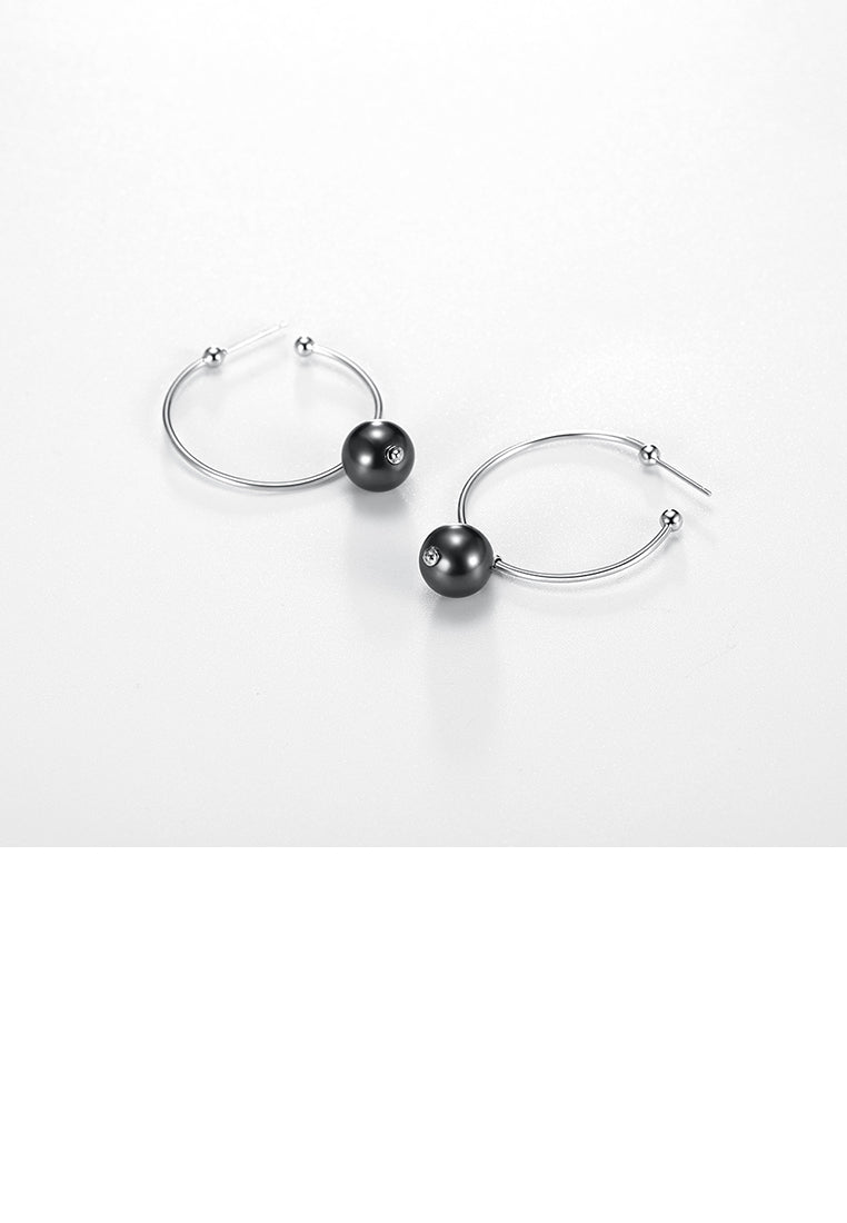 925 Sterling Silver Elegant Fashion Circle Earrings with Black Pearl - Luxurious Look