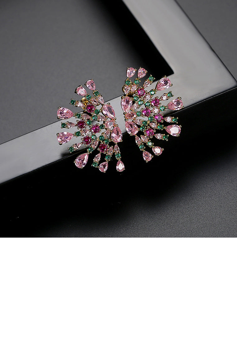 Fashion and Elegant Plated Gold Flower Stud Earrings with Pink Cubic Zirconia - Luxurious Look - Vibrant Color