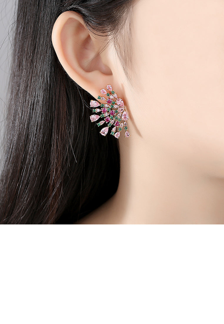 Fashion and Elegant Plated Gold Flower Stud Earrings with Pink Cubic Zirconia - Luxurious Look - Vibrant Color