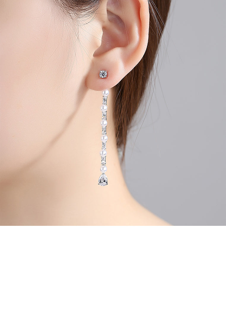 Elegant and Simple Geometric Imitation Pearl Tassel Earrings with Cubic Zirconia - Luxurious Look