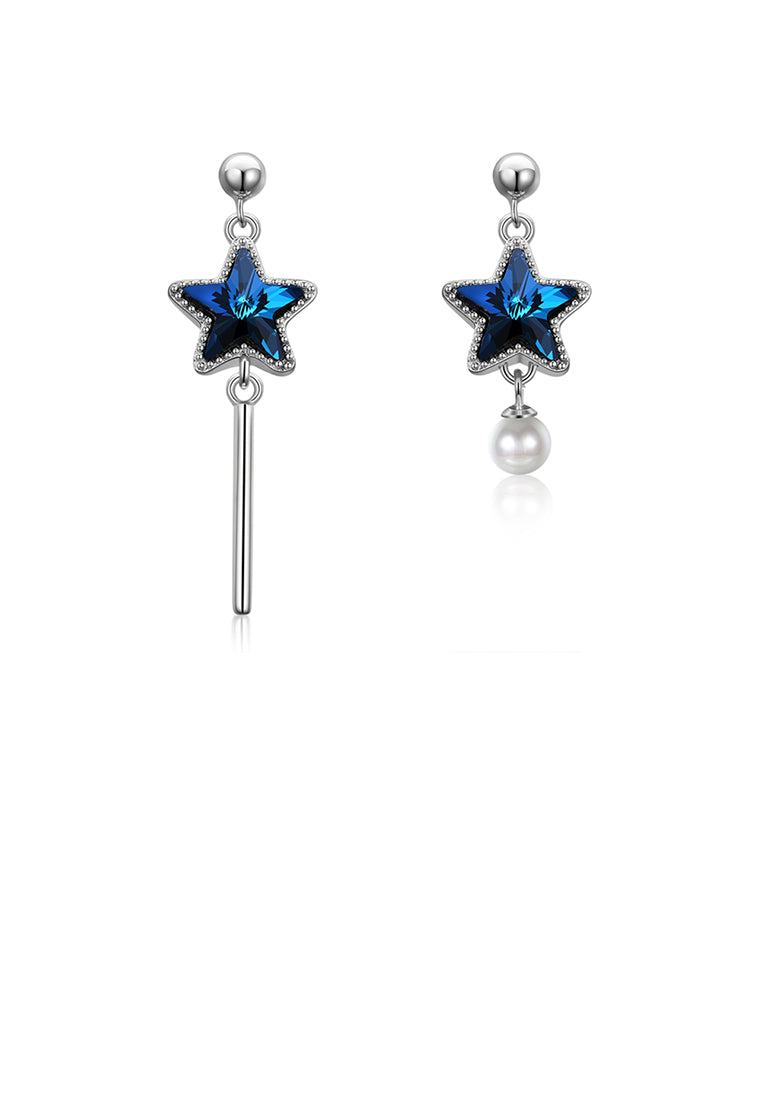 925 Sterling Silver Fashion Elegant Star Asymmetric Tassel Earrings with Pearl and Blue Austrian Element Crystal - Luxurious Look