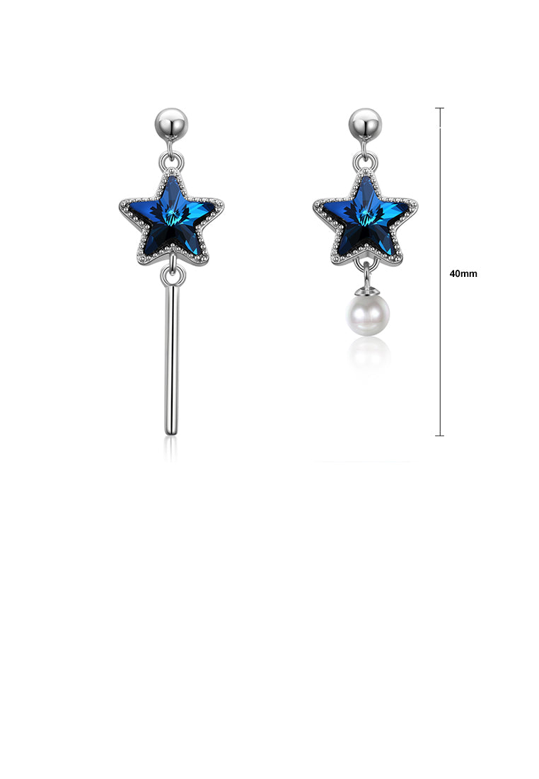 925 Sterling Silver Fashion Elegant Star Asymmetric Tassel Earrings with Pearl and Blue Austrian Element Crystal - Luxurious Look