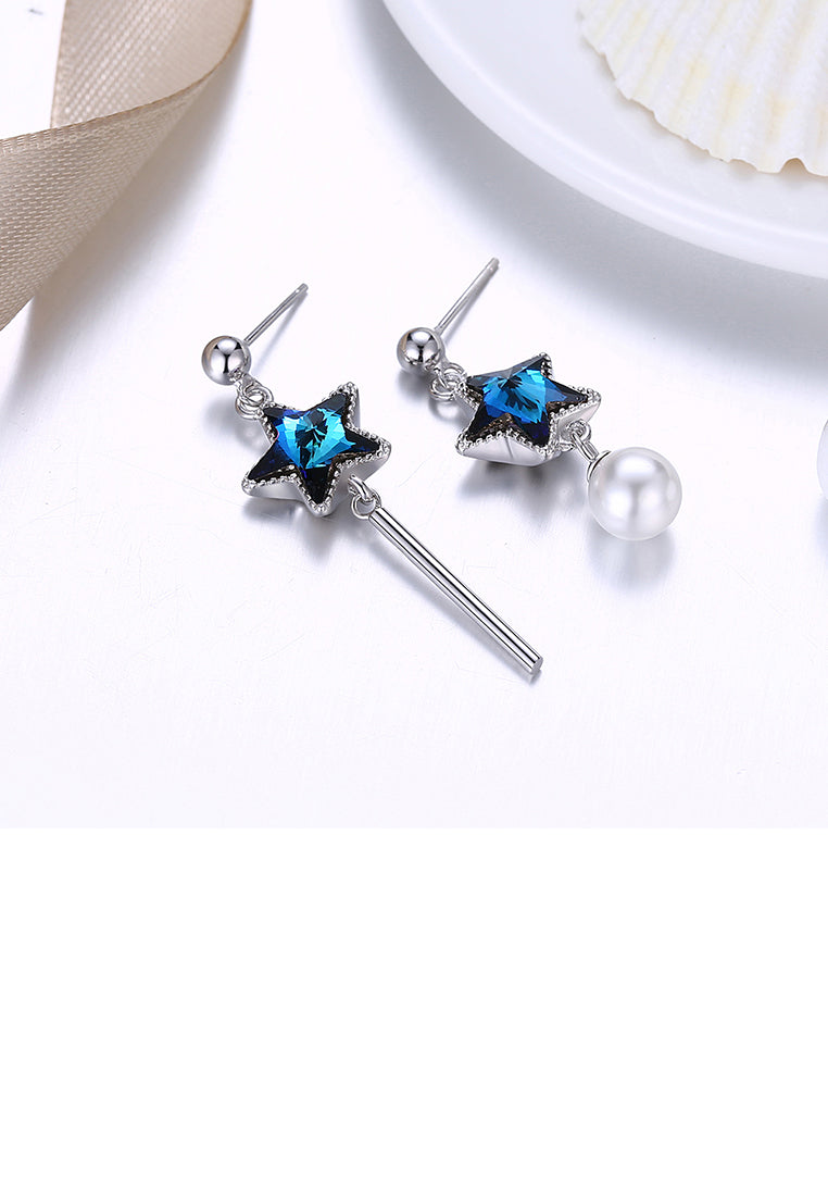 925 Sterling Silver Fashion Elegant Star Asymmetric Tassel Earrings with Pearl and Blue Austrian Element Crystal - Luxurious Look