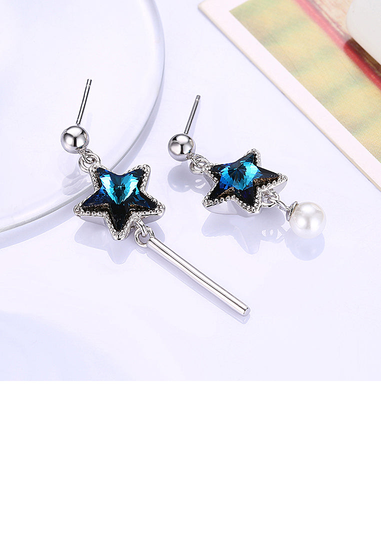 925 Sterling Silver Fashion Elegant Star Asymmetric Tassel Earrings with Pearl and Blue Austrian Element Crystal - Luxurious Look