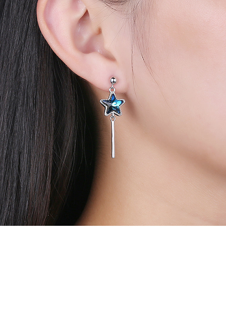 925 Sterling Silver Fashion Elegant Star Asymmetric Tassel Earrings with Pearl and Blue Austrian Element Crystal - Luxurious Look