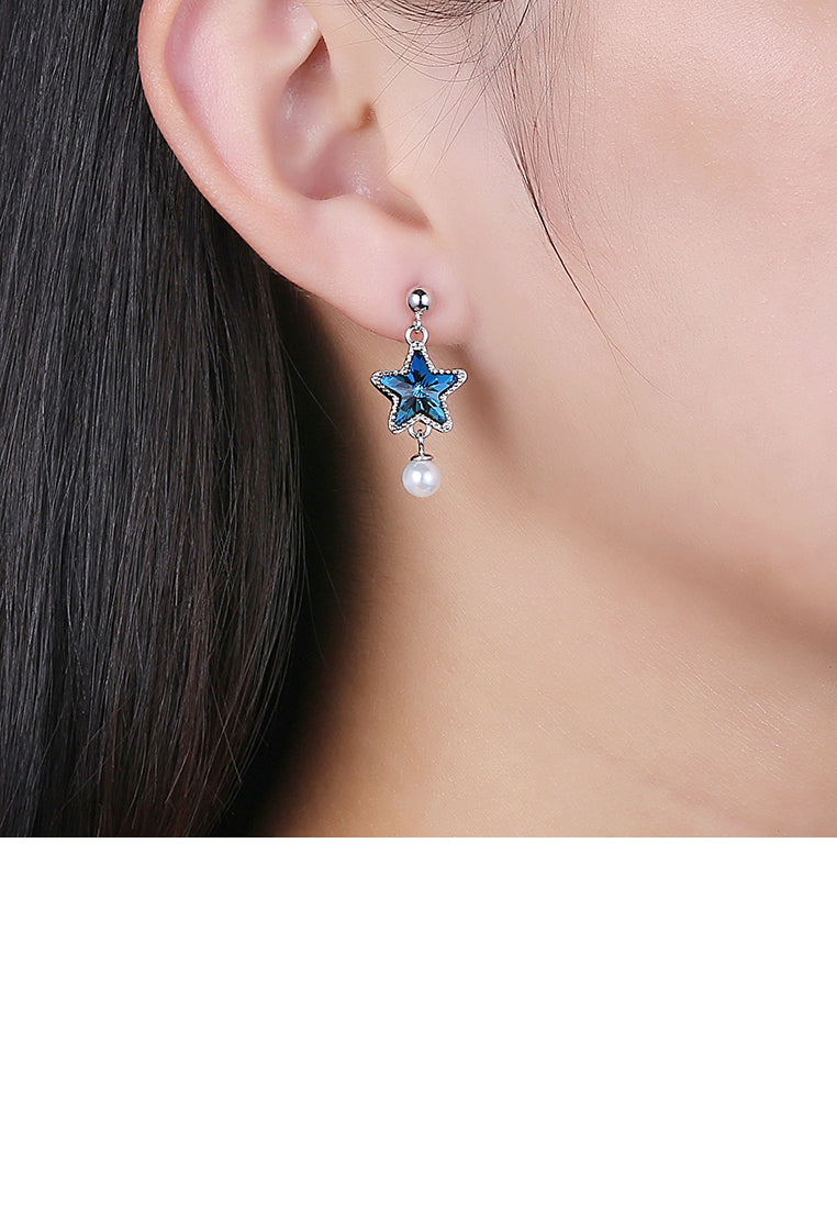 925 Sterling Silver Fashion Elegant Star Asymmetric Tassel Earrings with Pearl and Blue Austrian Element Crystal - Luxurious Look