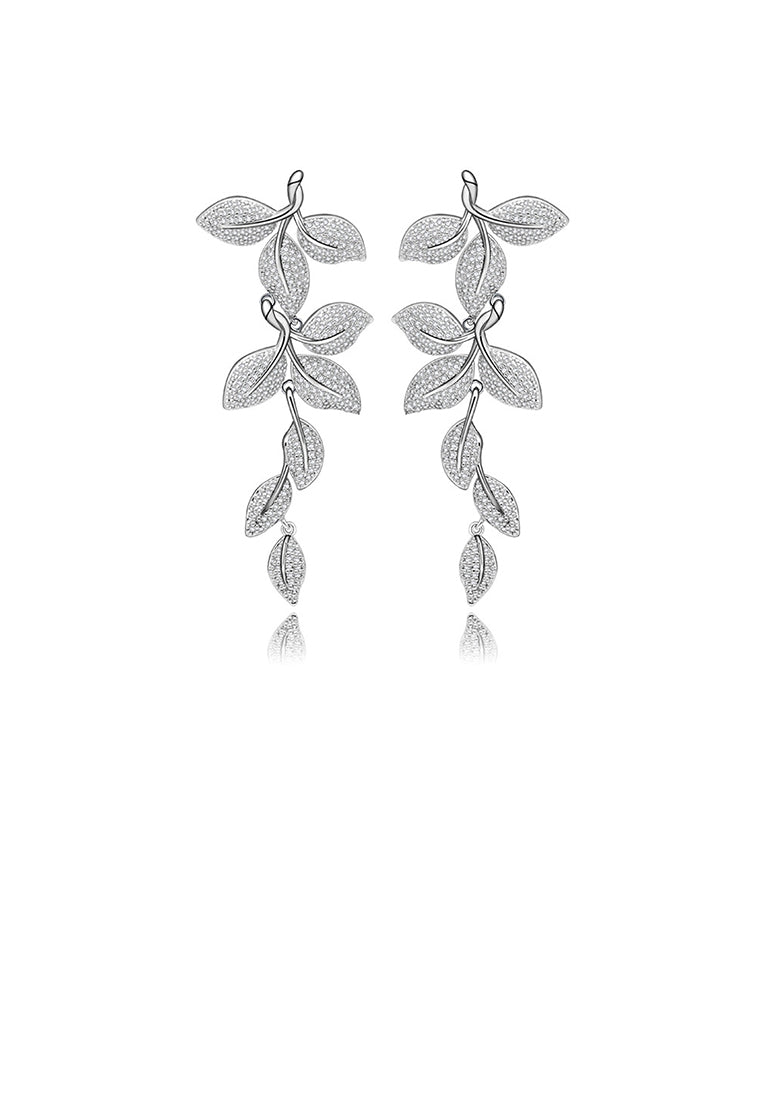 Elegant and Bright Leaf Long Earrings with Cubic Zirconia - Luxurious Look