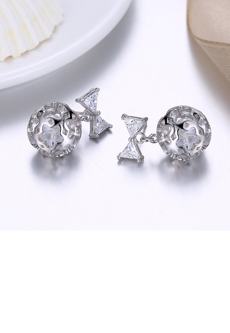 925 Sterling Silver Romantic Elegant Exquisit Hollow Out Flower Ball and Bowknot Earrings and Ear Studs with Cubic Zircon
