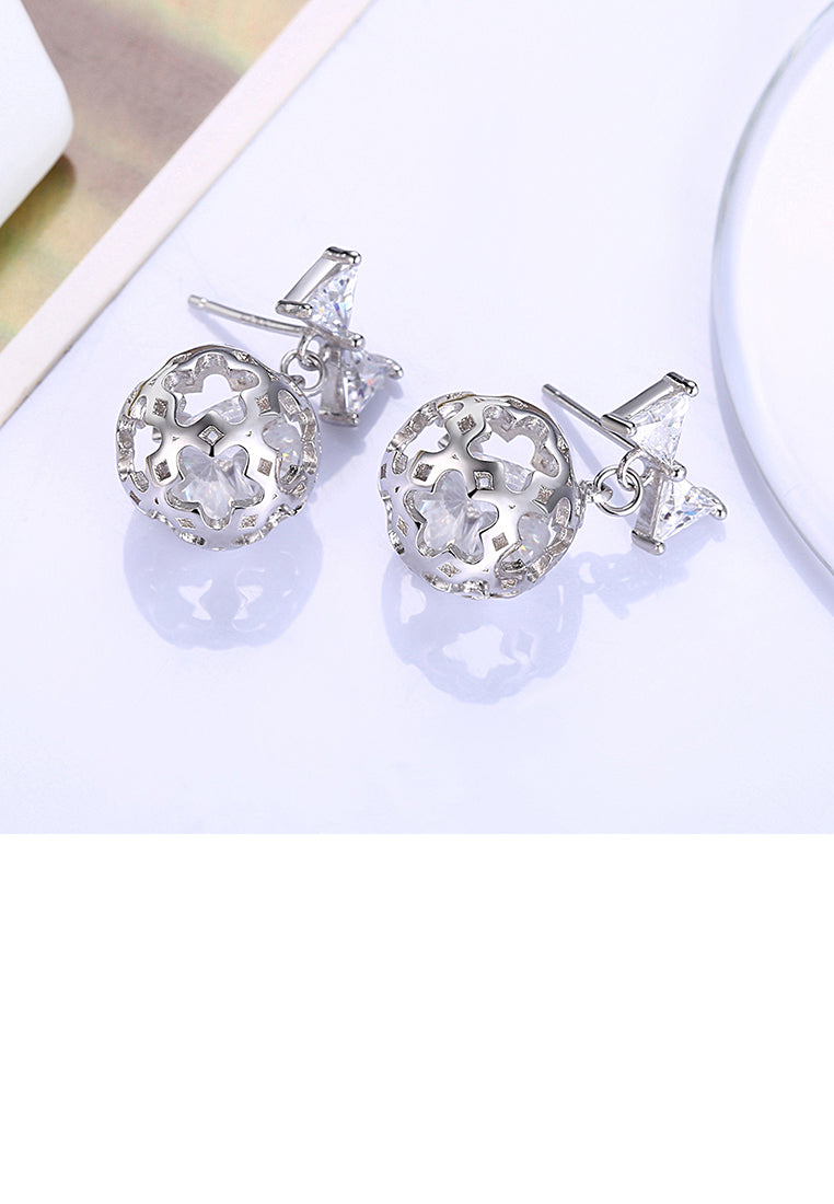 925 Sterling Silver Romantic Elegant Exquisit Hollow Out Flower Ball and Bowknot Earrings and Ear Studs with Cubic Zircon