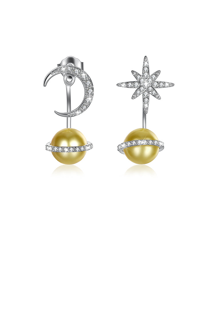 925 Sterling Silver Fashion Sparkling Planet Stars and Moon Earrings with Golden Pearl and Austrian Element Crystal - Luxurious Look