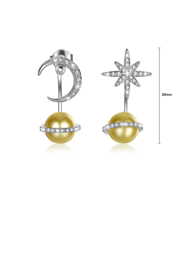 925 Sterling Silver Fashion Sparkling Planet Stars and Moon Earrings with Golden Pearl and Austrian Element Crystal - Luxurious Look