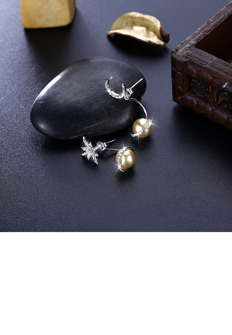 925 Sterling Silver Fashion Sparkling Planet Stars and Moon Earrings with Golden Pearl and Austrian Element Crystal - Luxurious Look