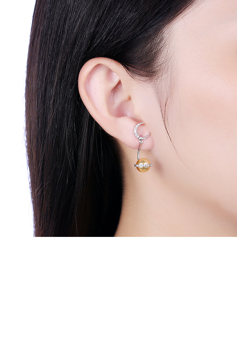 925 Sterling Silver Fashion Sparkling Planet Stars and Moon Earrings with Golden Pearl and Austrian Element Crystal - Luxurious Look