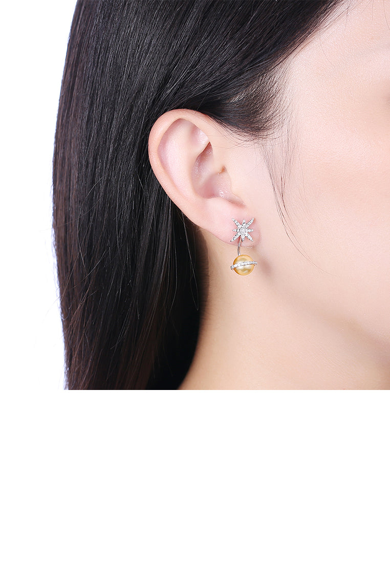 925 Sterling Silver Fashion Sparkling Planet Stars and Moon Earrings with Golden Pearl and Austrian Element Crystal - Luxurious Look
