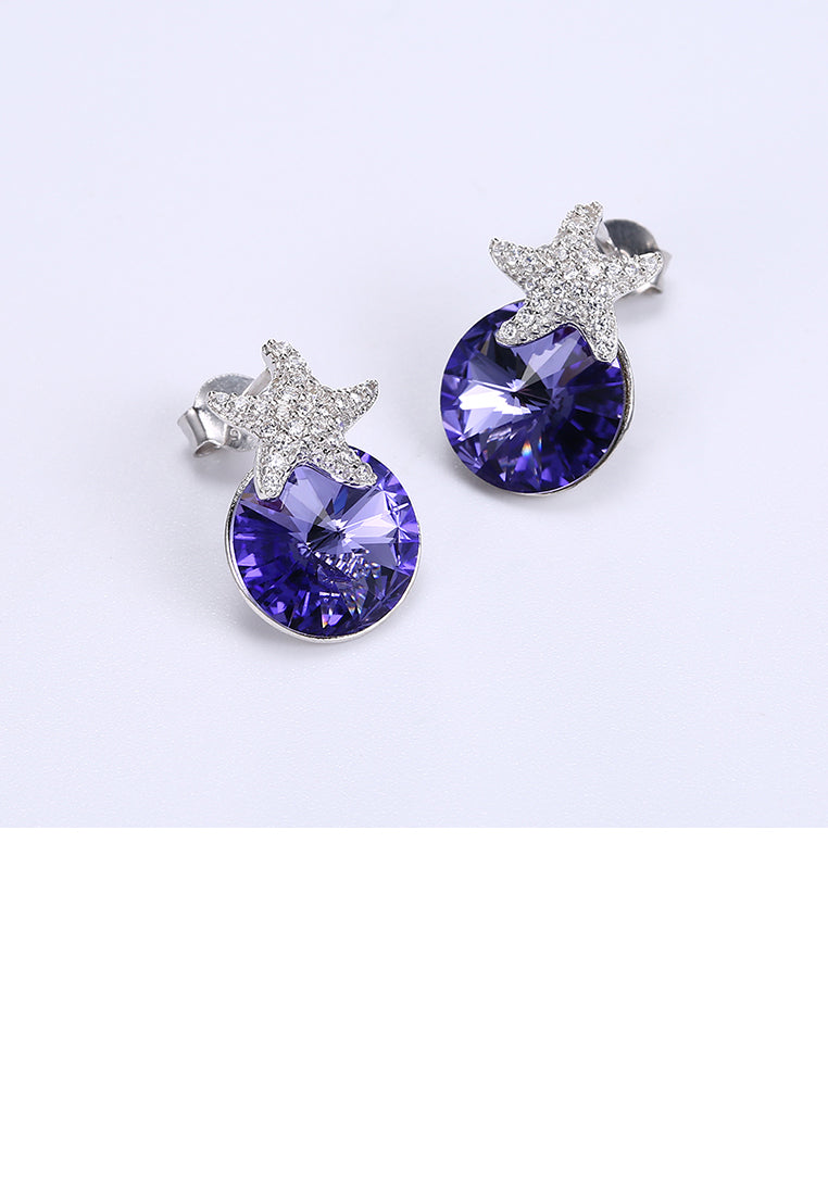 925 Sterling Silver Fashion Star Blue Austrian Element Crystal Stud Earrings