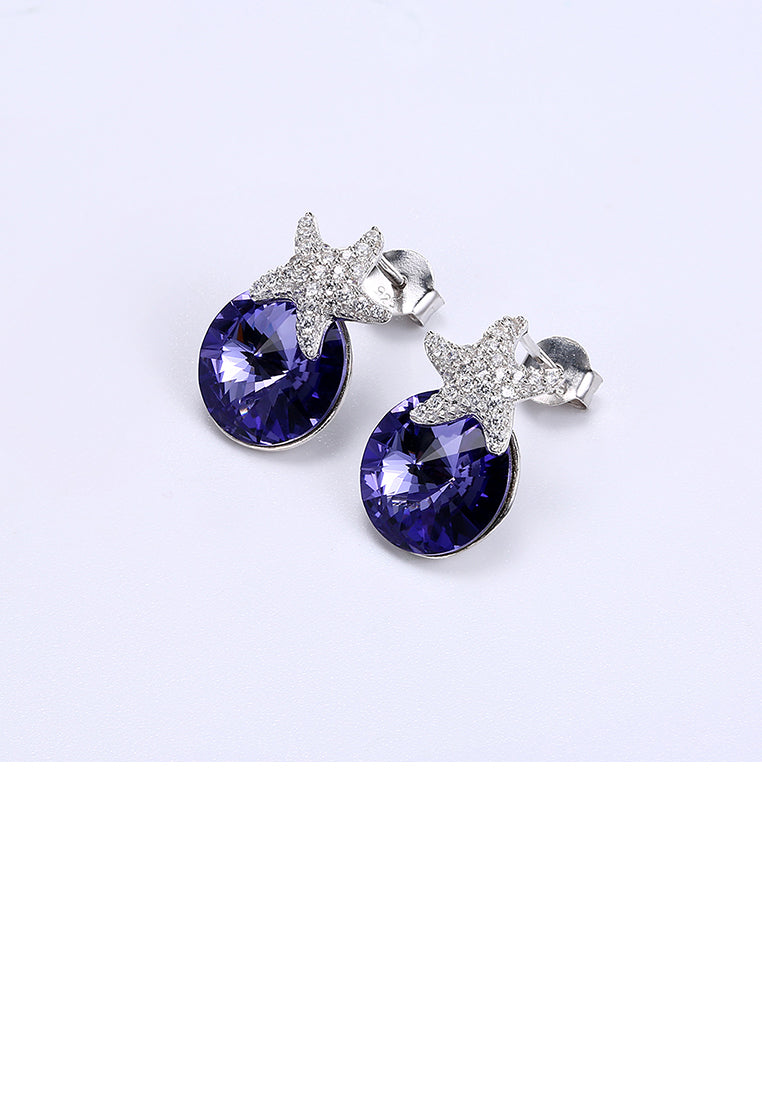 925 Sterling Silver Fashion Star Blue Austrian Element Crystal Stud Earrings