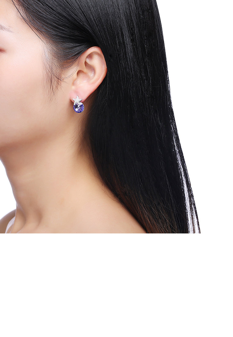 925 Sterling Silver Fashion Star Blue Austrian Element Crystal Stud Earrings