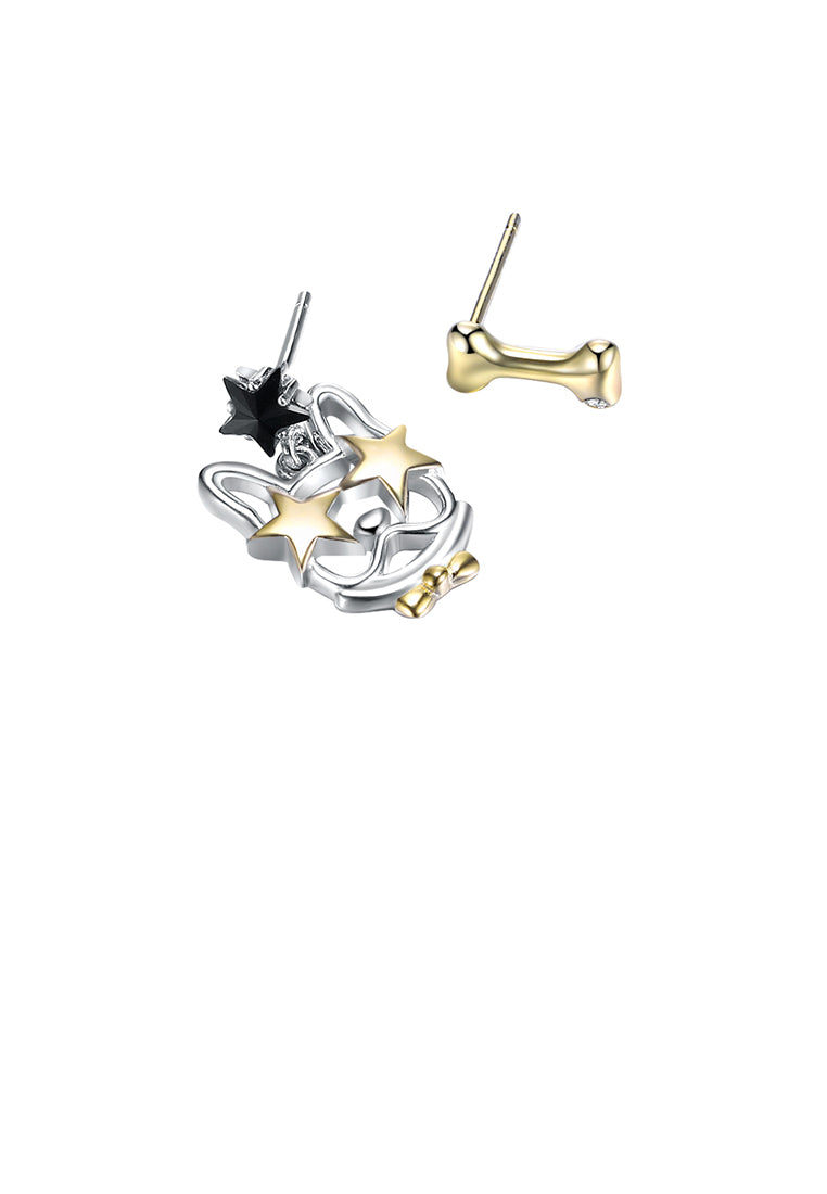 925 Sterling Silver Cute Dog and Bone Asymmetric Stud Earrings