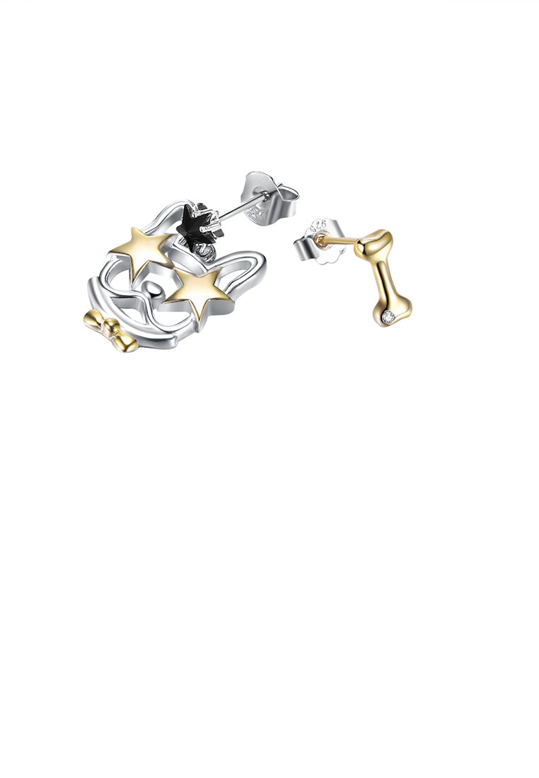 925 Sterling Silver Cute Dog and Bone Asymmetric Stud Earrings