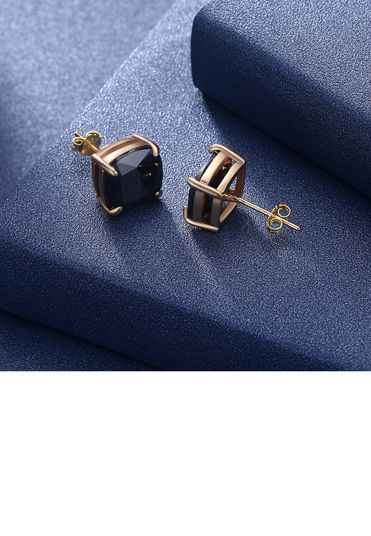 925 Sterling Silver Plated Champagne Gold Simple Geometric Square Black Cubic Zircon Stud Earrings