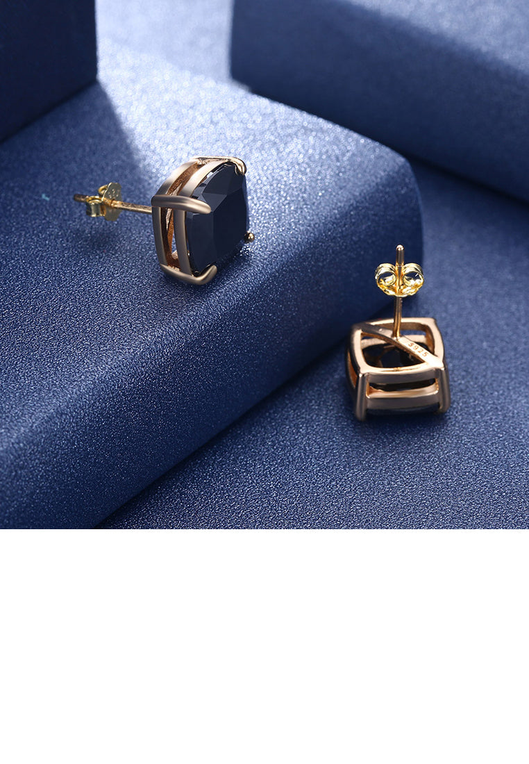 925 Sterling Silver Plated Champagne Gold Simple Geometric Square Black Cubic Zircon Stud Earrings