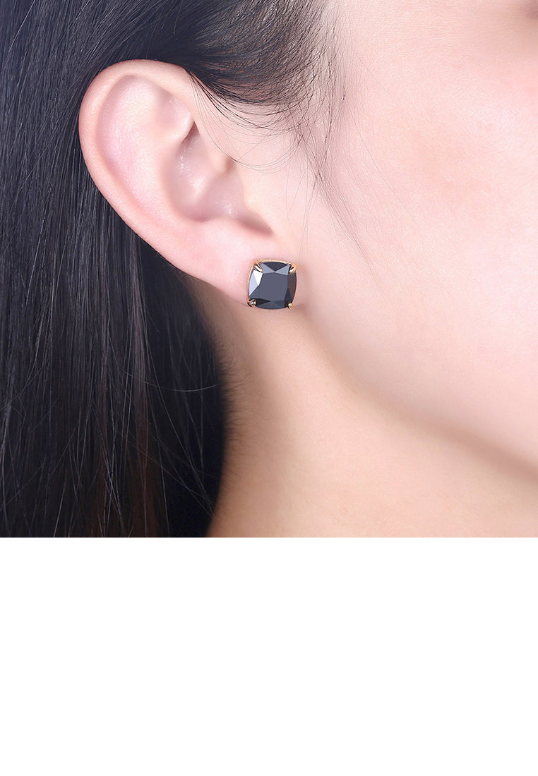 925 Sterling Silver Plated Champagne Gold Simple Geometric Square Black Cubic Zircon Stud Earrings
