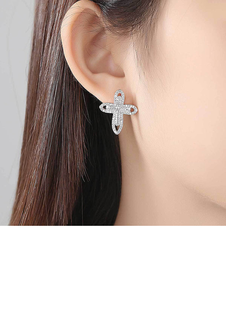 Simple Bright Cross Stud Earrings with Cubic Zirconia - Luxurious Look