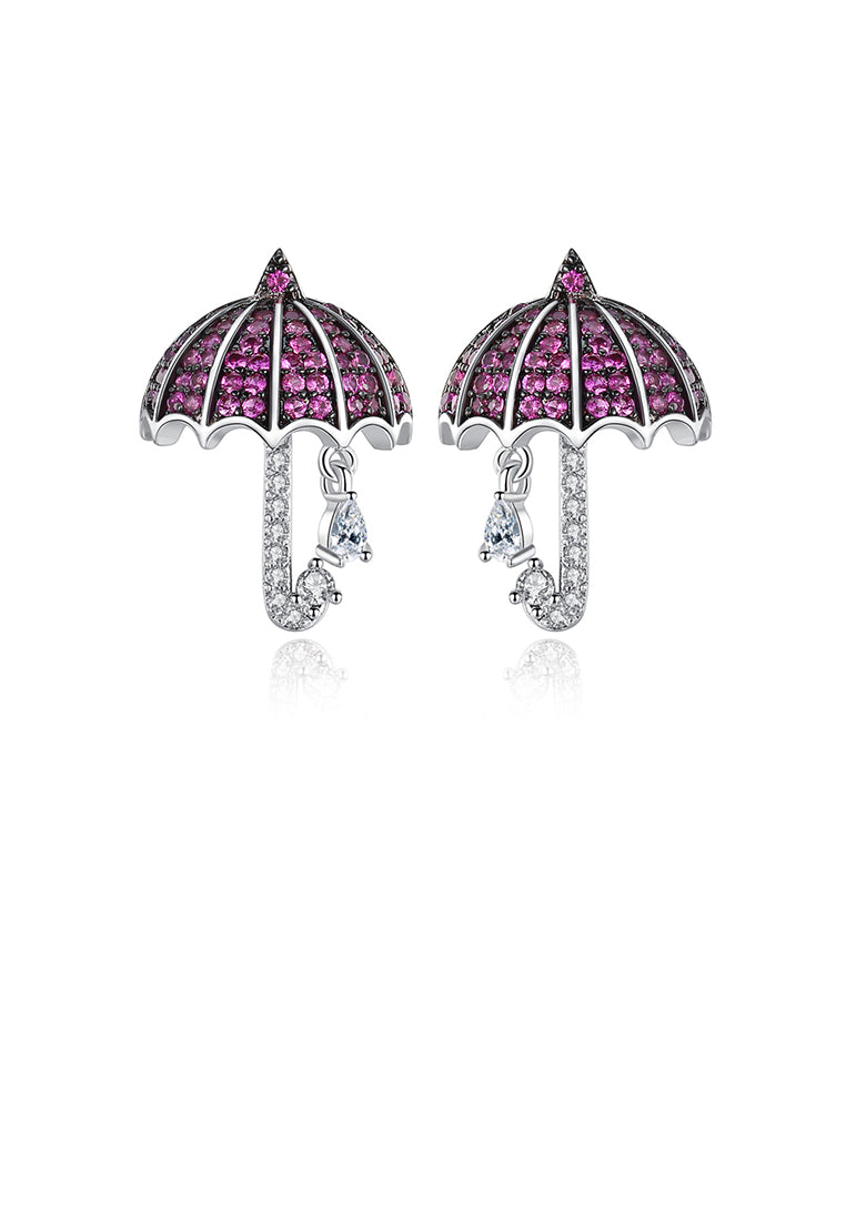 Fashion Creative Umbrella Stud Earrings with Rose Red Cubic Zirconia - Luxurious Look - Vibrant Color