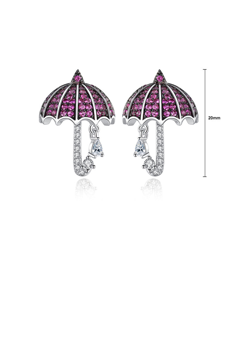 Fashion Creative Umbrella Stud Earrings with Rose Red Cubic Zirconia - Luxurious Look - Vibrant Color