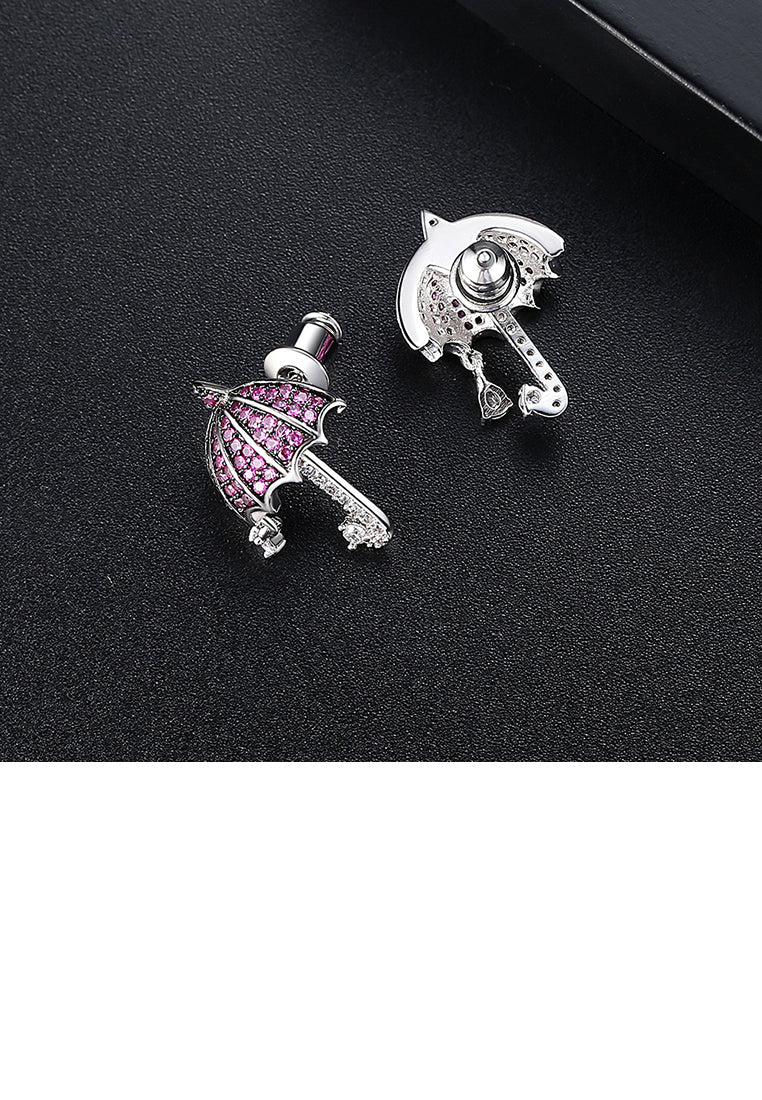 Fashion Creative Umbrella Stud Earrings with Rose Red Cubic Zirconia - Luxurious Look - Vibrant Color