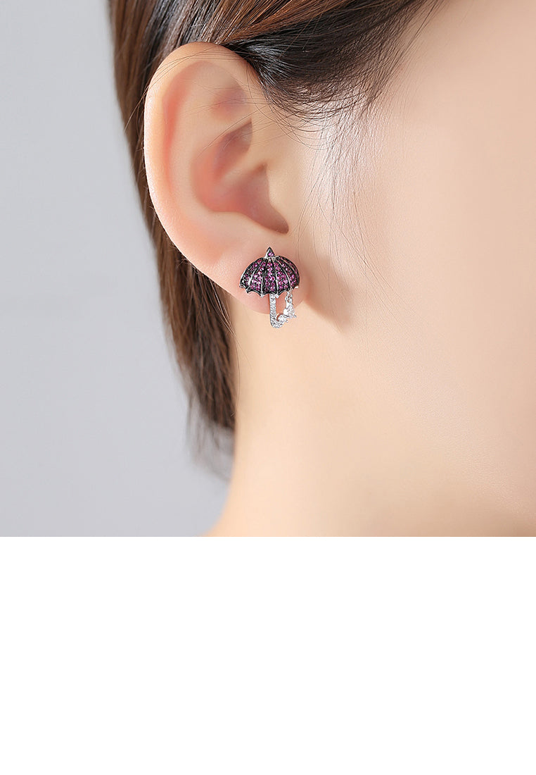 Fashion Creative Umbrella Stud Earrings with Rose Red Cubic Zirconia - Luxurious Look - Vibrant Color