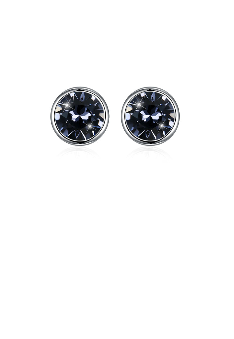 925 Sterling Silver Simple Round Stud Earrings with Black Austrian Element Crystal