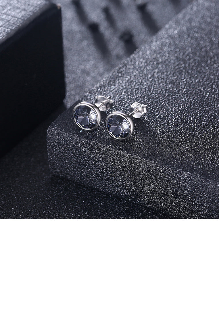 925 Sterling Silver Simple Round Stud Earrings with Black Austrian Element Crystal