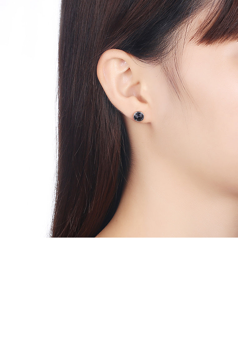 925 Sterling Silver Simple Round Stud Earrings with Black Austrian Element Crystal