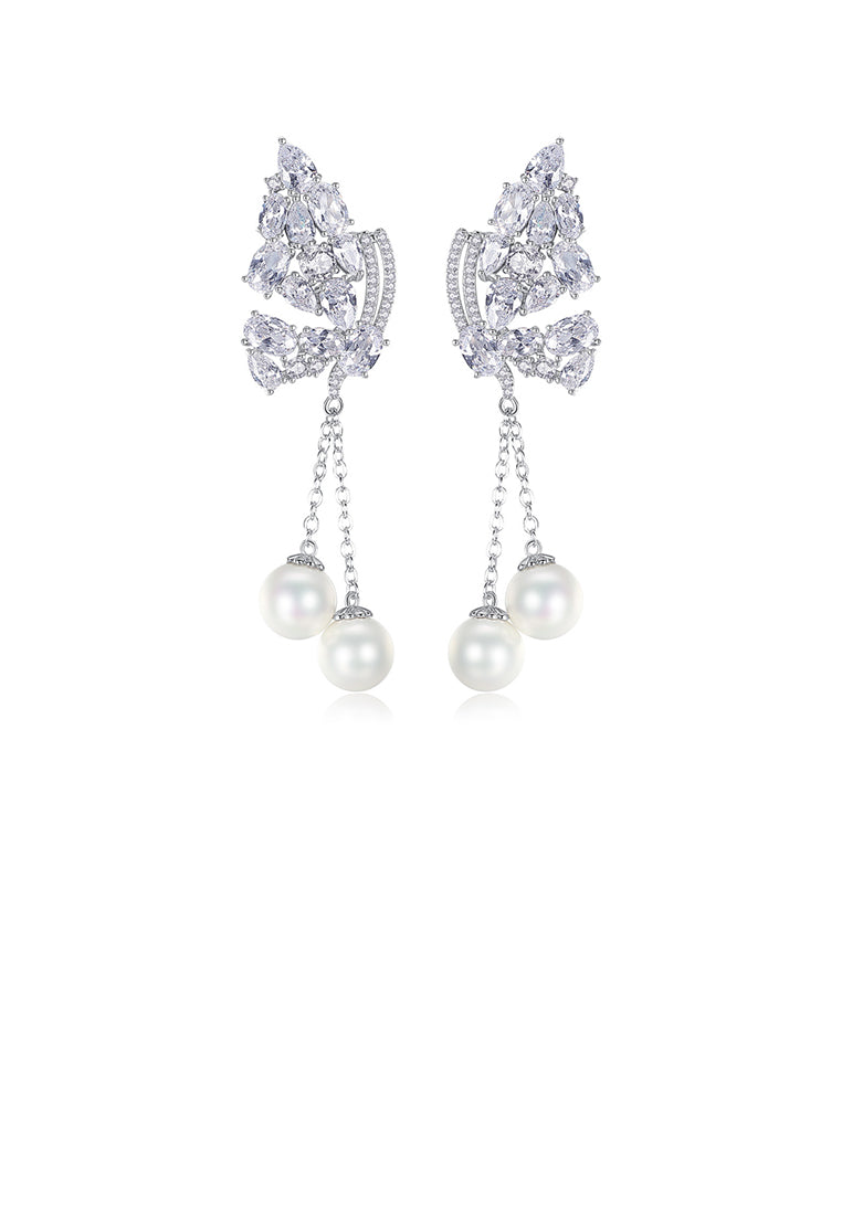 Fashion and Elegant Butterfly Imitation Pearl Tassel Earrings with Cubic Zirconia - Luxurious Look