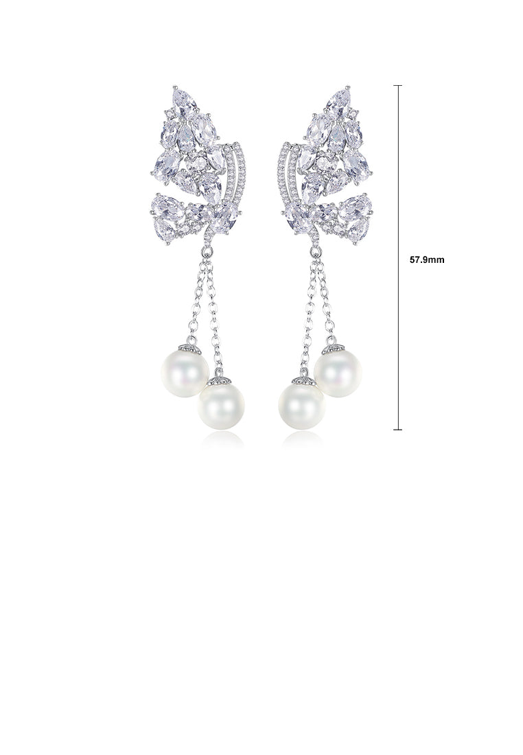 Fashion and Elegant Butterfly Imitation Pearl Tassel Earrings with Cubic Zirconia - Luxurious Look