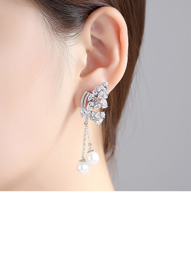 Fashion and Elegant Butterfly Imitation Pearl Tassel Earrings with Cubic Zirconia - Luxurious Look