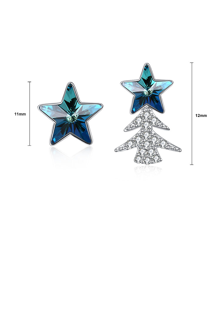 925 Sterling Silver Star Christmas Tree Asymmetric Earrings with Austrian Element Crystal