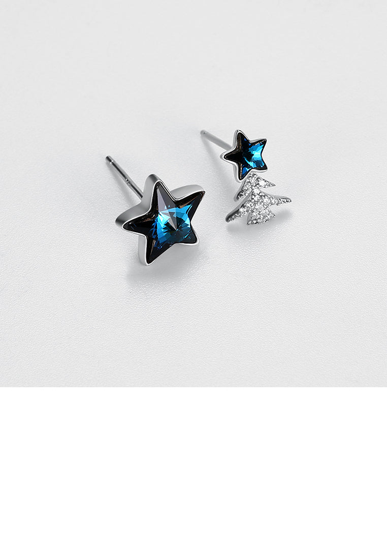 925 Sterling Silver Star Christmas Tree Asymmetric Earrings with Austrian Element Crystal