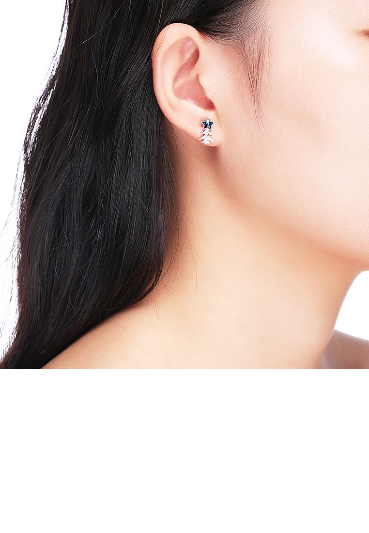 925 Sterling Silver Star Christmas Tree Asymmetric Earrings with Austrian Element Crystal