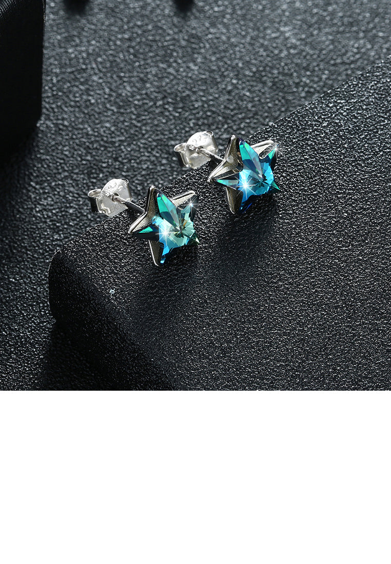 925 Sterling Silver Simple Elegant Fashion Star Ear Studs and Earrings with Blue Austrian Element Crystal