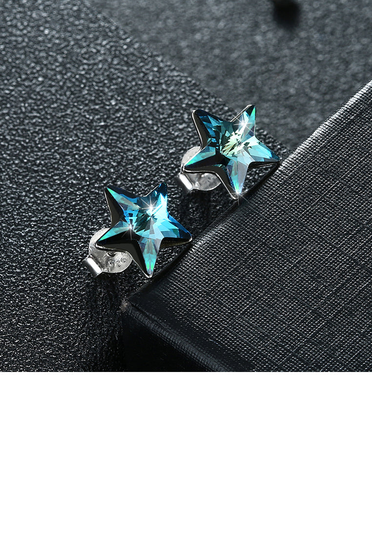 925 Sterling Silver Simple Elegant Fashion Star Ear Studs and Earrings with Blue Austrian Element Crystal