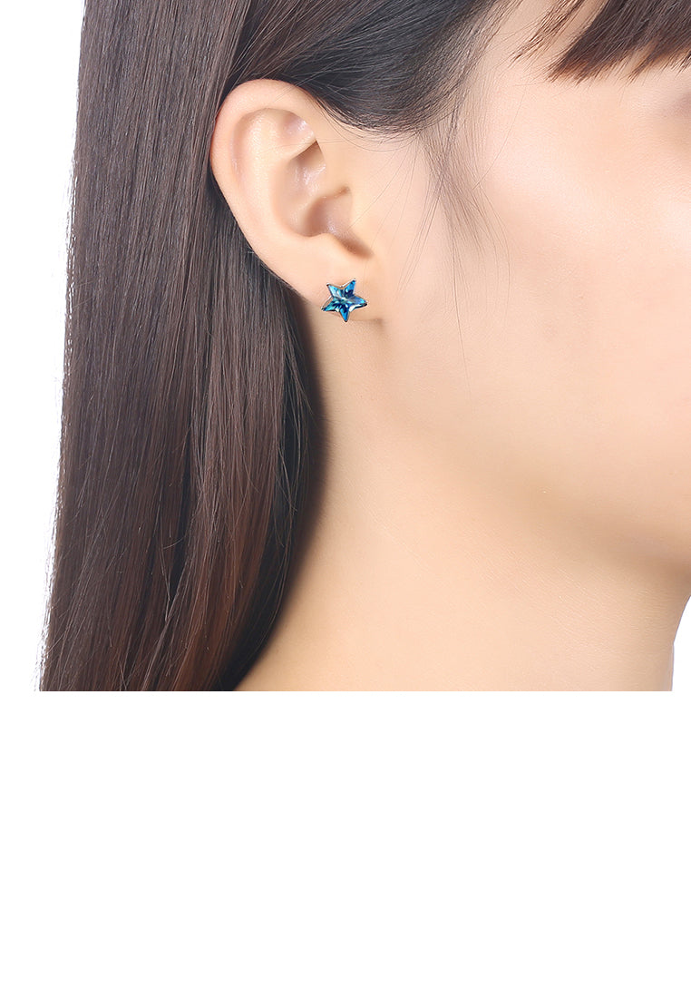 925 Sterling Silver Simple Elegant Fashion Star Ear Studs and Earrings with Blue Austrian Element Crystal