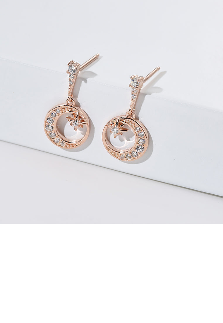 925 Sterling Silver Plated Rose Gold Star and Moon Earrings with Austrian Element Crystal